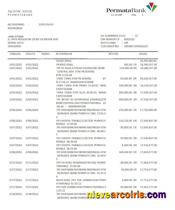 Indonesia Permatabank statement Word and PDF scr